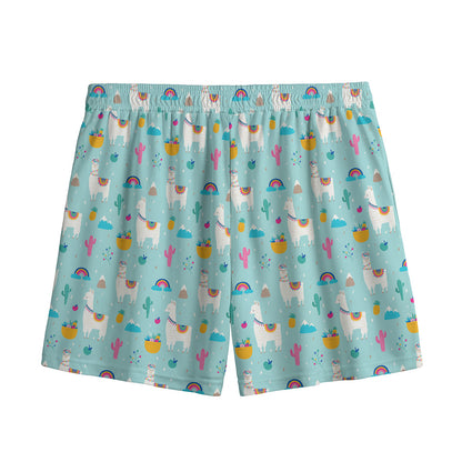 Happy Llama And Cactus Pattern Print Mesh Shorts