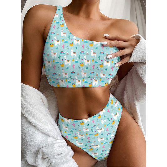 Happy Llama And Cactus Pattern Print One Shoulder Bikini Top