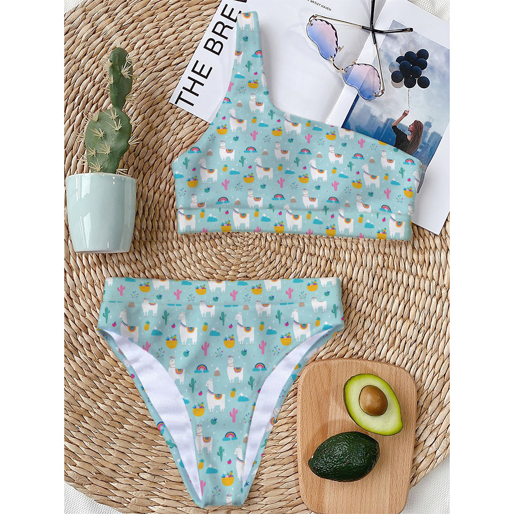 Happy Llama And Cactus Pattern Print One Shoulder Bikini Top