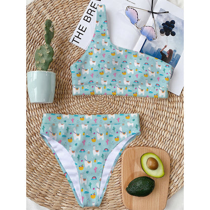 Happy Llama And Cactus Pattern Print One Shoulder Bikini Top