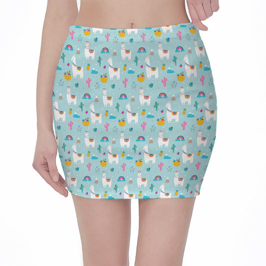 Happy Llama And Cactus Pattern Print Pencil Mini Skirt