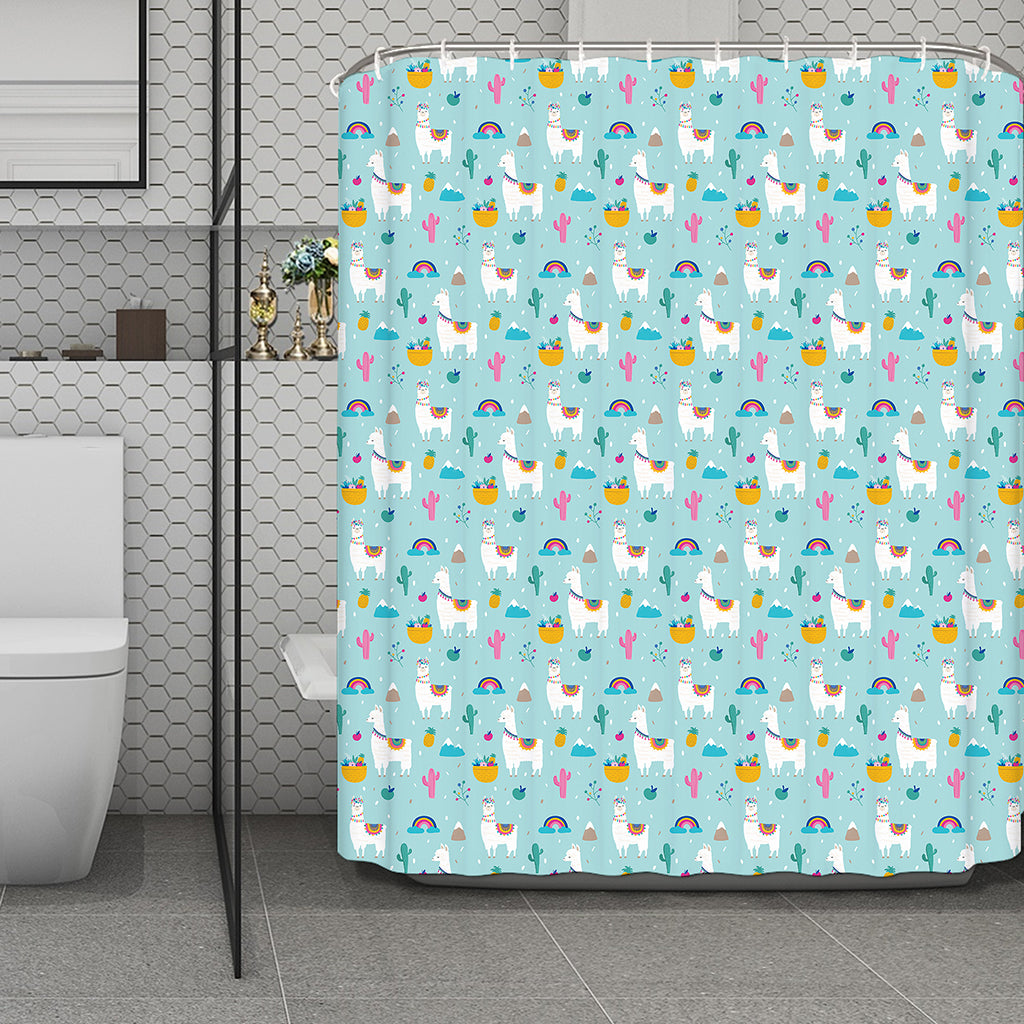 Happy Llama And Cactus Pattern Print Polyester Shower Curtain