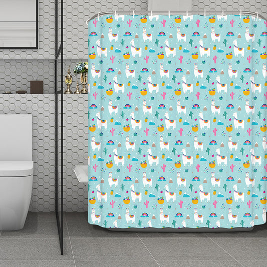 Happy Llama And Cactus Pattern Print Polyester Shower Curtain
