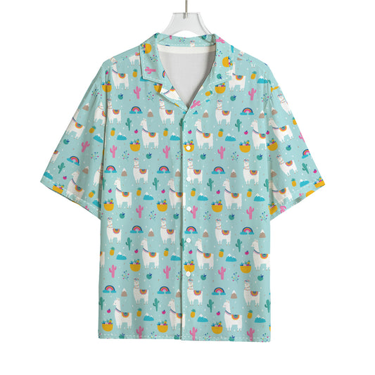 Happy Llama And Cactus Pattern Print Rayon Hawaiian Shirt