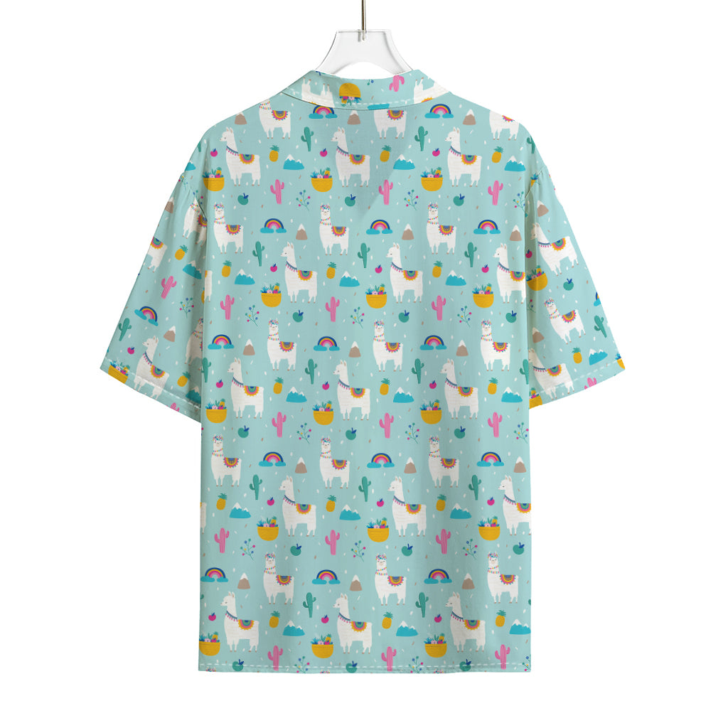 Happy Llama And Cactus Pattern Print Rayon Hawaiian Shirt