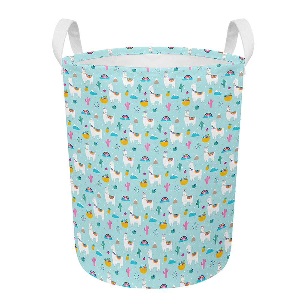Happy Llama And Cactus Pattern Print Round Laundry Basket