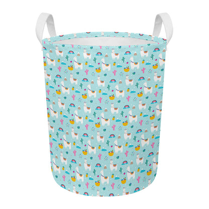 Happy Llama And Cactus Pattern Print Round Laundry Basket