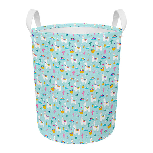 Happy Llama And Cactus Pattern Print Round Laundry Basket
