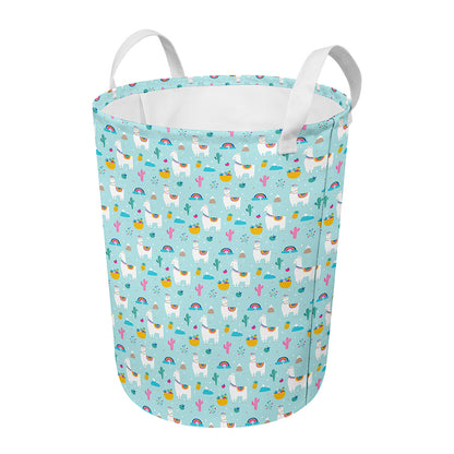 Happy Llama And Cactus Pattern Print Round Laundry Basket