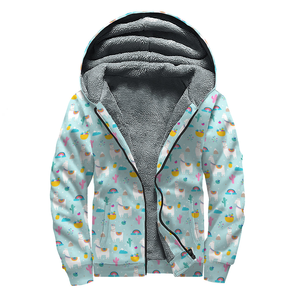 Happy Llama And Cactus Pattern Print Sherpa Lined Zip Up Hoodie