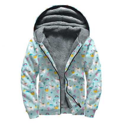 Happy Llama And Cactus Pattern Print Sherpa Lined Zip Up Hoodie