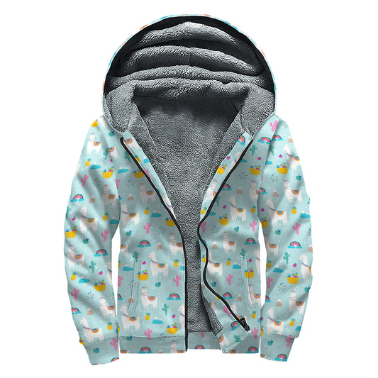 Happy Llama And Cactus Pattern Print Sherpa Lined Zip Up Hoodie
