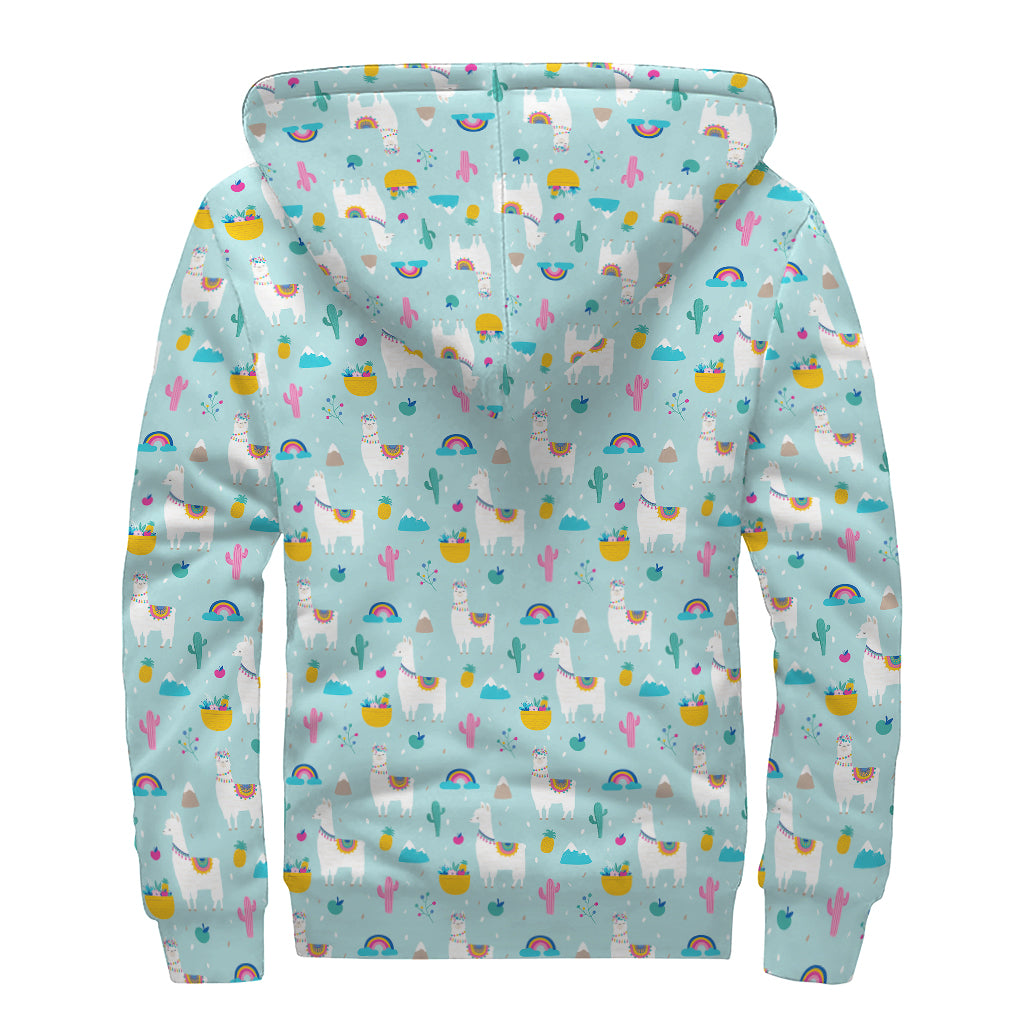 Happy Llama And Cactus Pattern Print Sherpa Lined Zip Up Hoodie