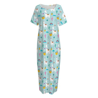 Happy Llama And Cactus Pattern Print Short Sleeve Long Nightdress