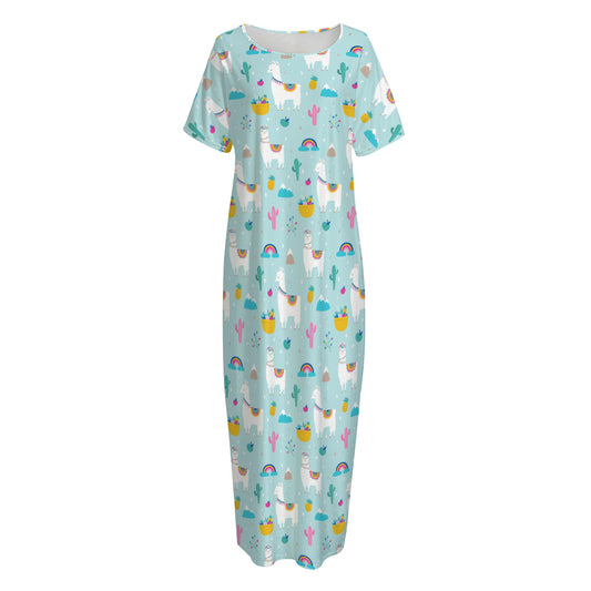 Happy Llama And Cactus Pattern Print Short Sleeve Long Nightdress