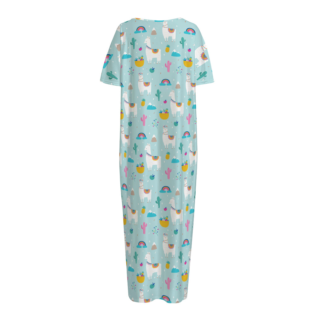 Happy Llama And Cactus Pattern Print Short Sleeve Long Nightdress