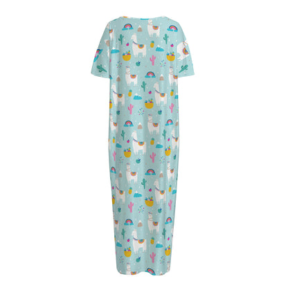 Happy Llama And Cactus Pattern Print Short Sleeve Long Nightdress