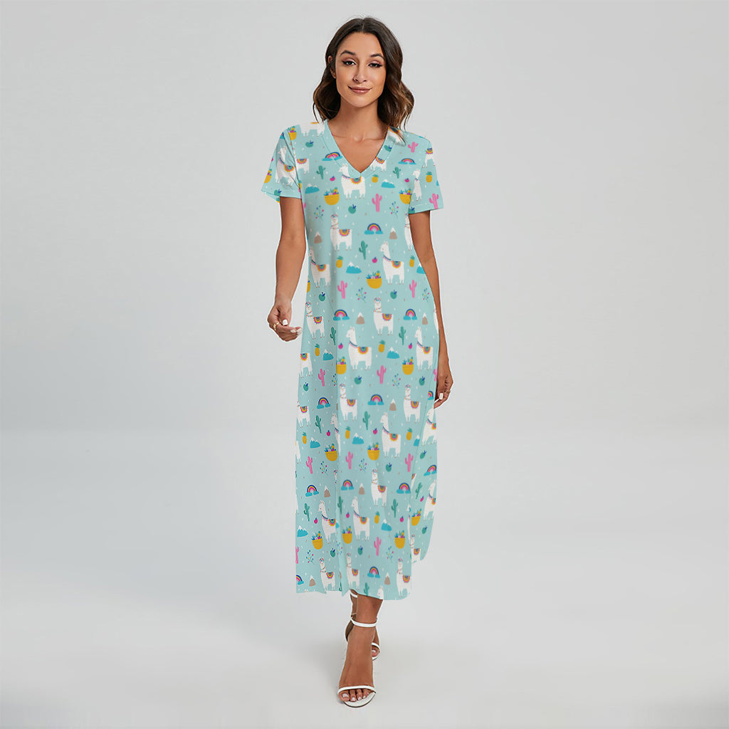Happy Llama And Cactus Pattern Print Short Sleeve Maxi Dress