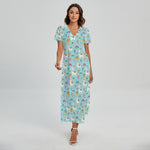 Happy Llama And Cactus Pattern Print Short Sleeve Maxi Dress