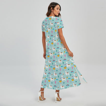 Happy Llama And Cactus Pattern Print Short Sleeve Maxi Dress