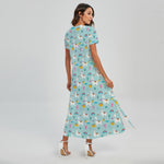Happy Llama And Cactus Pattern Print Short Sleeve Maxi Dress