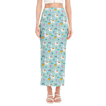 Happy Llama And Cactus Pattern Print Side Slit Maxi Skirt