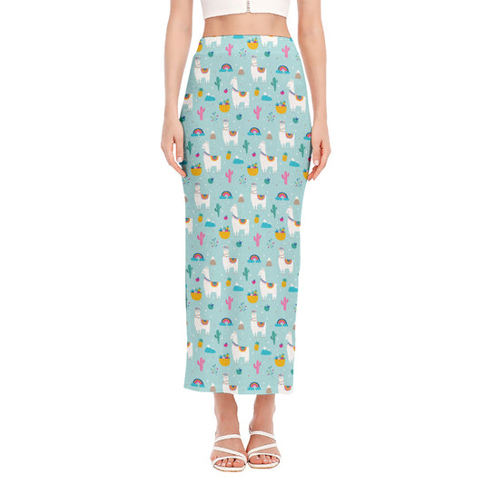 Happy Llama And Cactus Pattern Print Side Slit Maxi Skirt