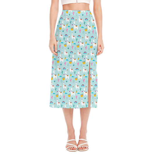 Happy Llama And Cactus Pattern Print Side Slit Midi Skirt