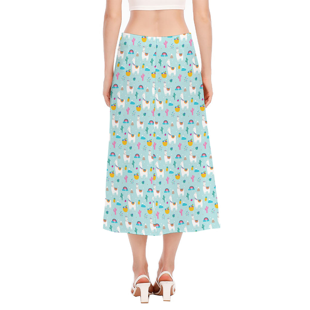 Happy Llama And Cactus Pattern Print Side Slit Midi Skirt