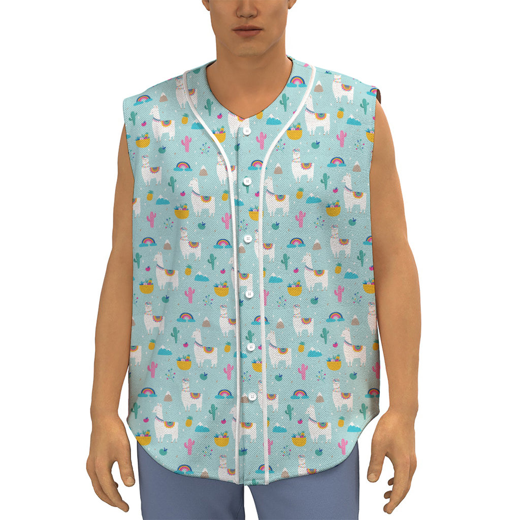 Happy Llama And Cactus Pattern Print Sleeveless Baseball Jersey