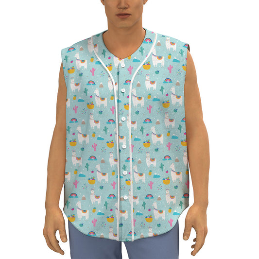 Happy Llama And Cactus Pattern Print Sleeveless Baseball Jersey