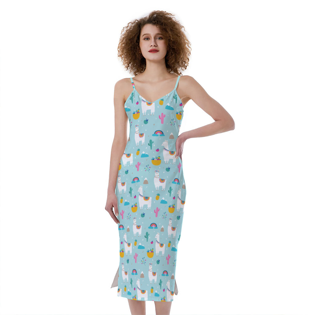 Happy Llama And Cactus Pattern Print Slim Fit Midi Cami Dress