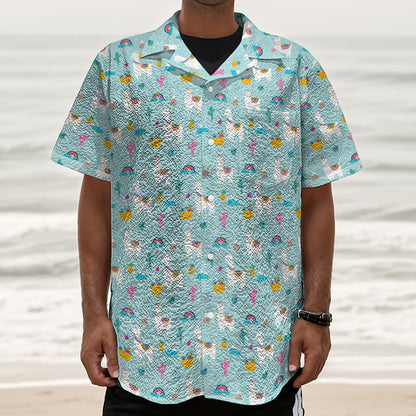 Happy Llama And Cactus Pattern Print Textured Short Sleeve Shirt