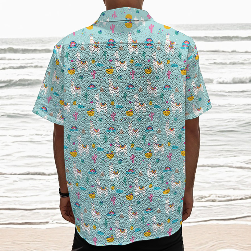 Happy Llama And Cactus Pattern Print Textured Short Sleeve Shirt