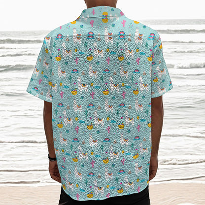 Happy Llama And Cactus Pattern Print Textured Short Sleeve Shirt