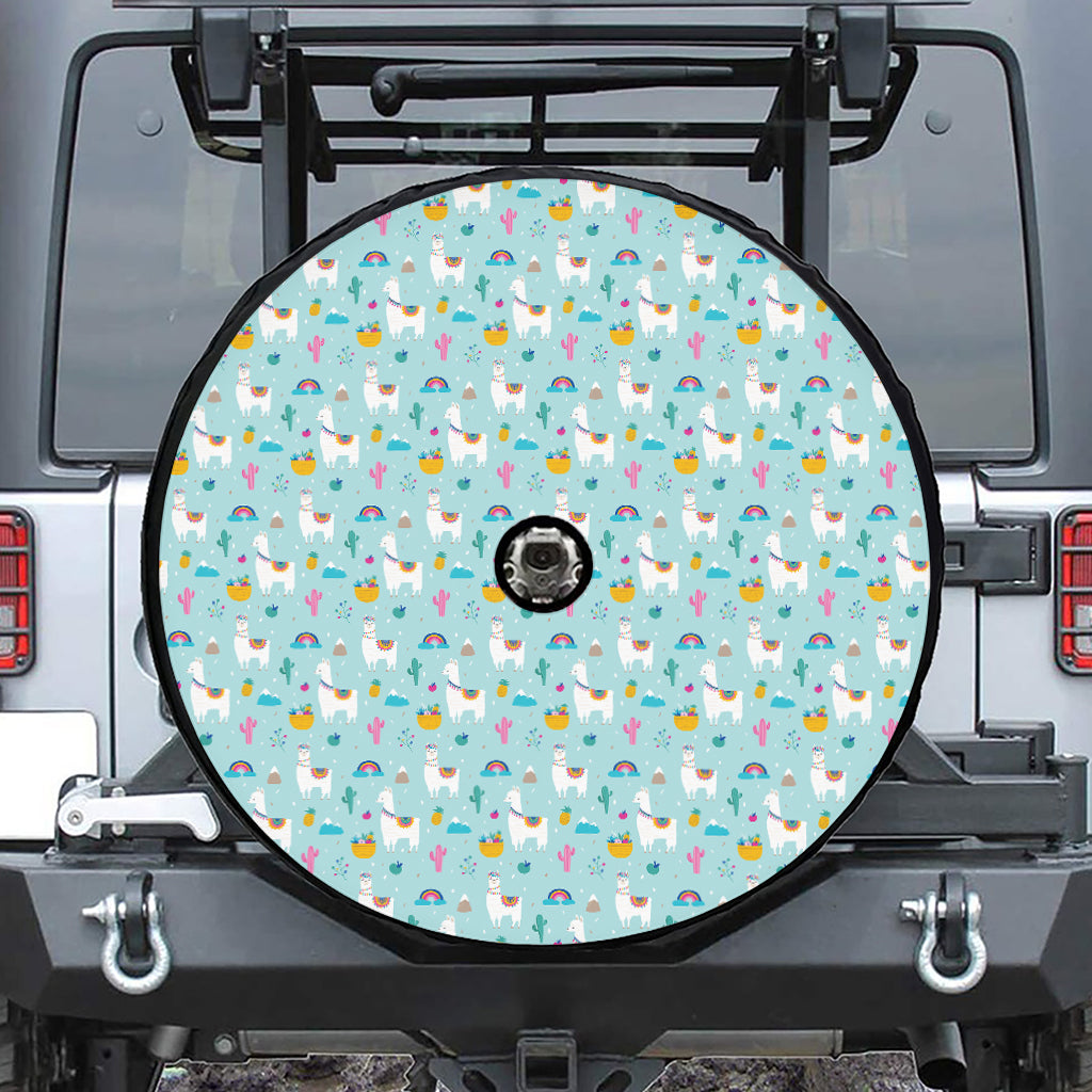 Happy Llama And Cactus Pattern Print Tire Cover With Camera Hole