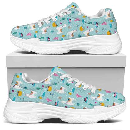 Happy Llama And Cactus Pattern Print White Chunky Shoes