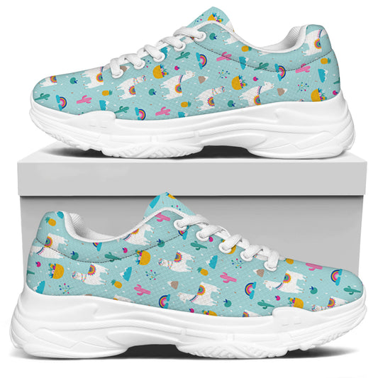 Happy Llama And Cactus Pattern Print White Chunky Shoes