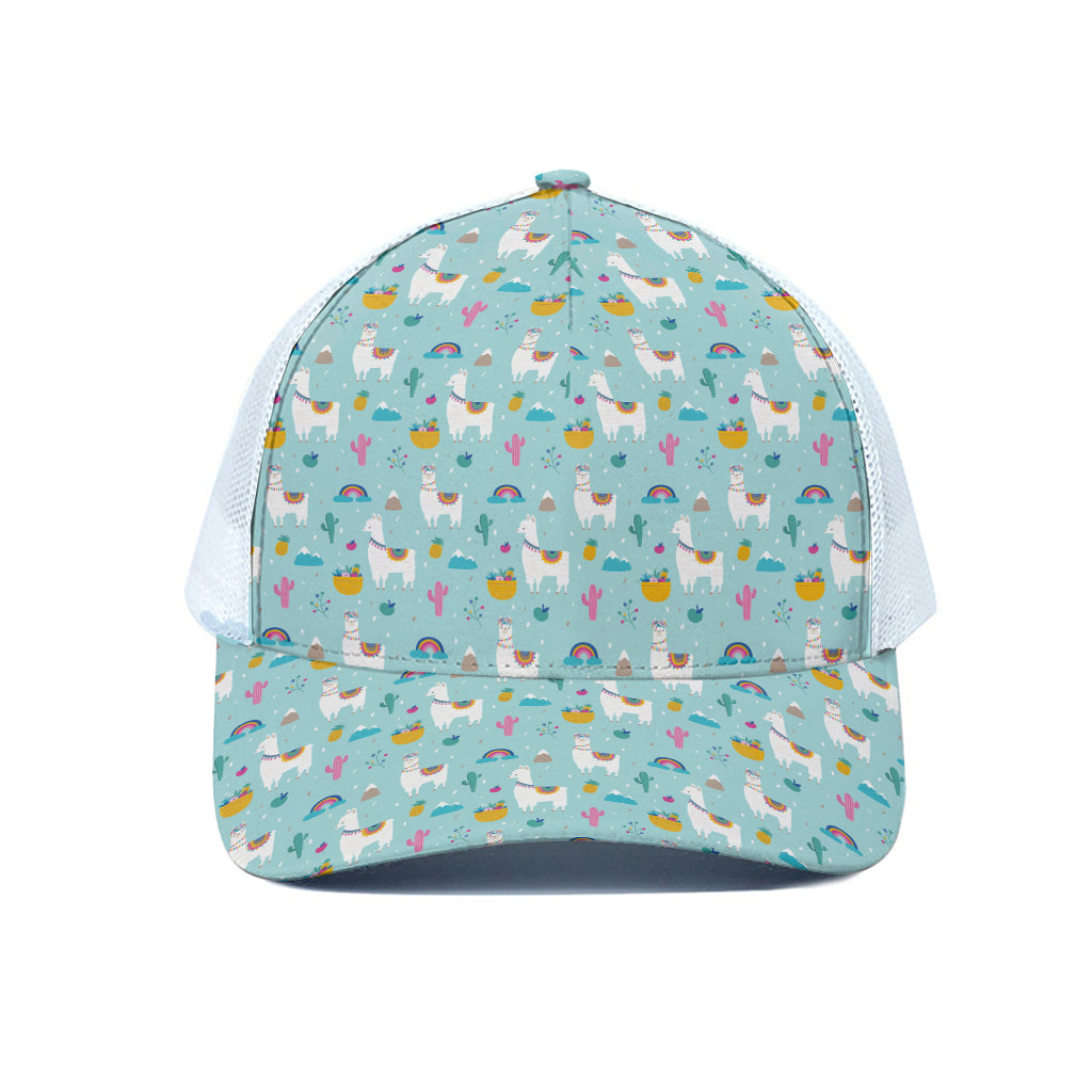 Happy Llama And Cactus Pattern Print White Mesh Trucker Cap