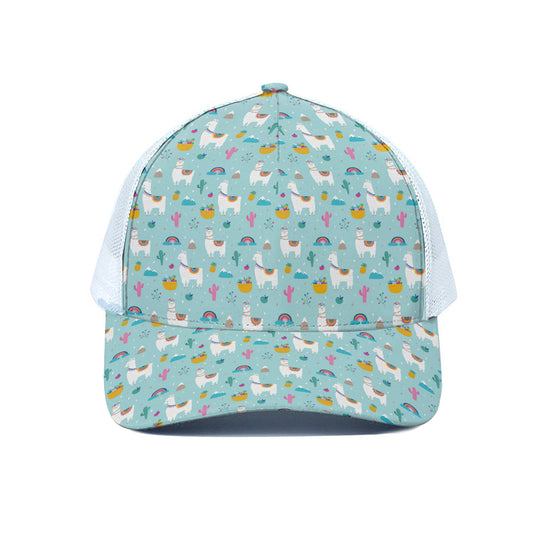 Happy Llama And Cactus Pattern Print White Mesh Trucker Cap