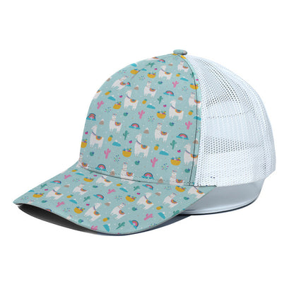 Happy Llama And Cactus Pattern Print White Mesh Trucker Cap