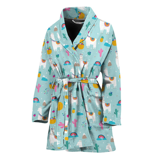 Happy Llama And Cactus Pattern Print Women's Bathrobe