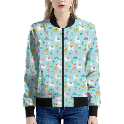Happy Llama And Cactus Pattern Print Women's Bomber Jacket