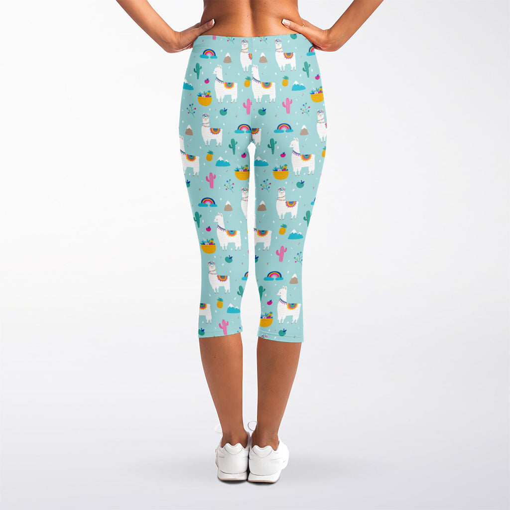 Happy Llama And Cactus Pattern Print Women's Capri Leggings