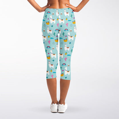 Happy Llama And Cactus Pattern Print Women's Capri Leggings