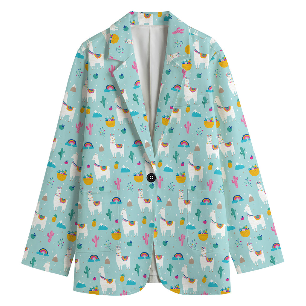 Happy Llama And Cactus Pattern Print Women's Cotton Blazer