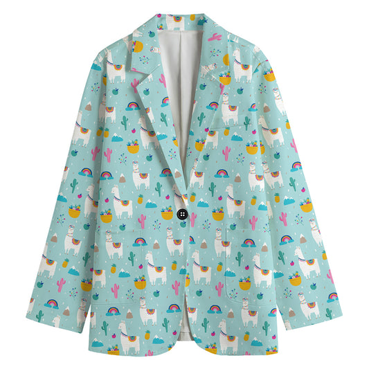 Happy Llama And Cactus Pattern Print Women's Cotton Blazer