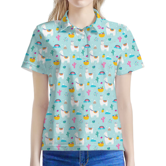 Happy Llama And Cactus Pattern Print Women's Polo Shirt