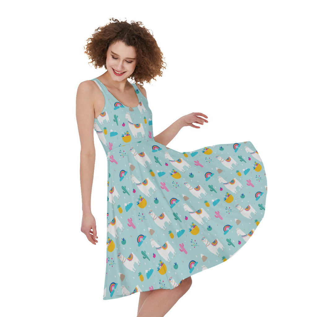 Happy Llama And Cactus Pattern Print Women's Sleeveless Dress