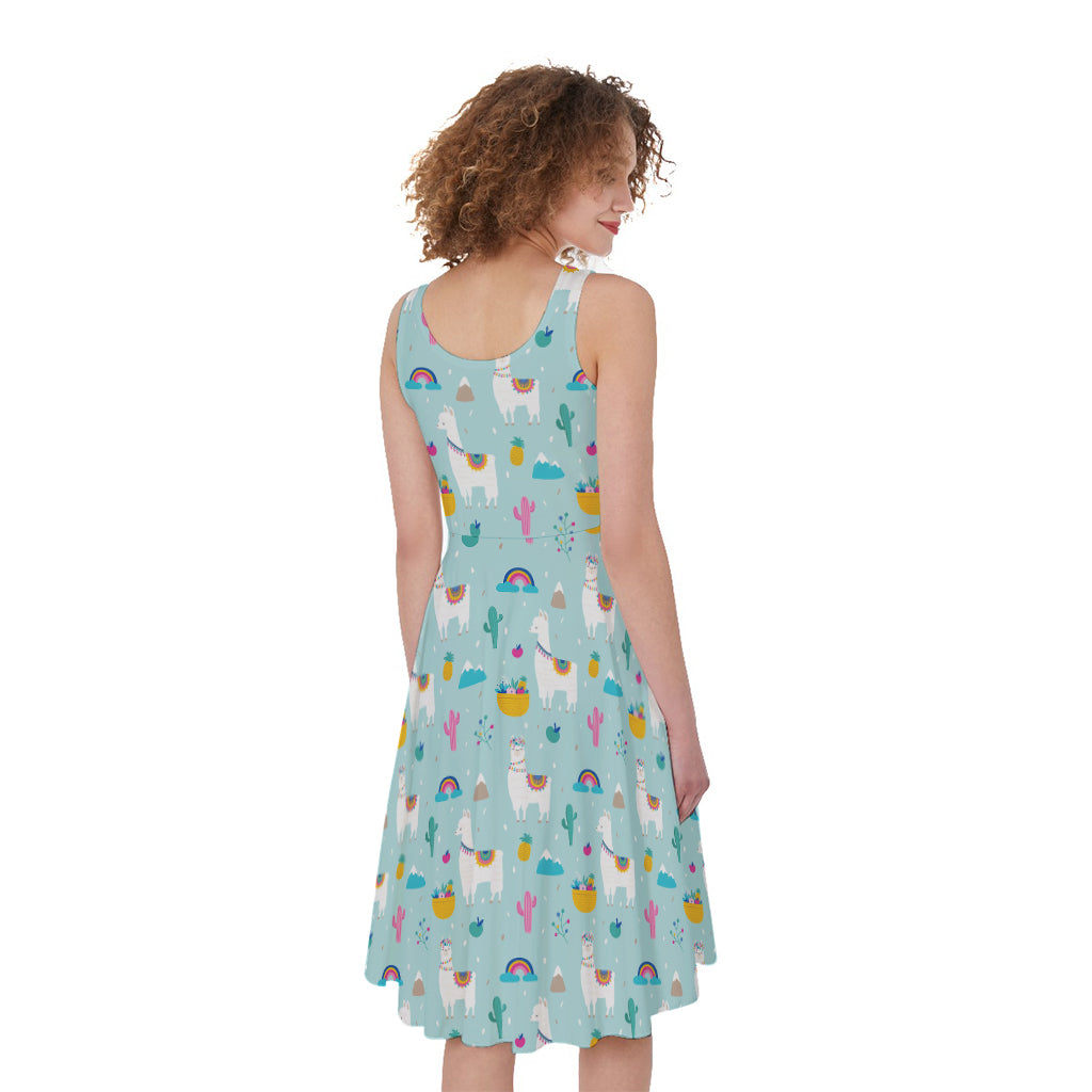 Happy Llama And Cactus Pattern Print Women's Sleeveless Dress